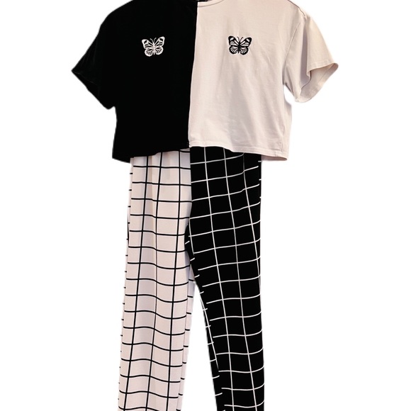 ♥️SOLD♥️SHEIN Girls Two Tone Butterfly Embroidery Top & Grid Pants Set - Picture 3 of 12